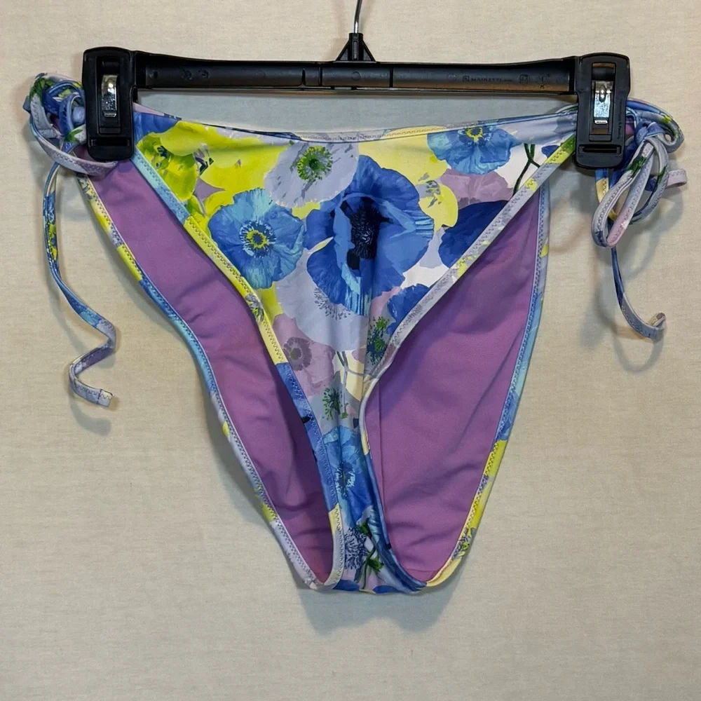 AA-13 Aerie NWT Blue Purple & Green Floral Cheekiest Side‎ Tie Bikini Bottoms